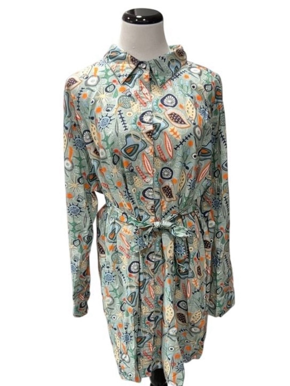 Abstract Print Button-Front Midi Dress with Tie Waist - Mint Multi